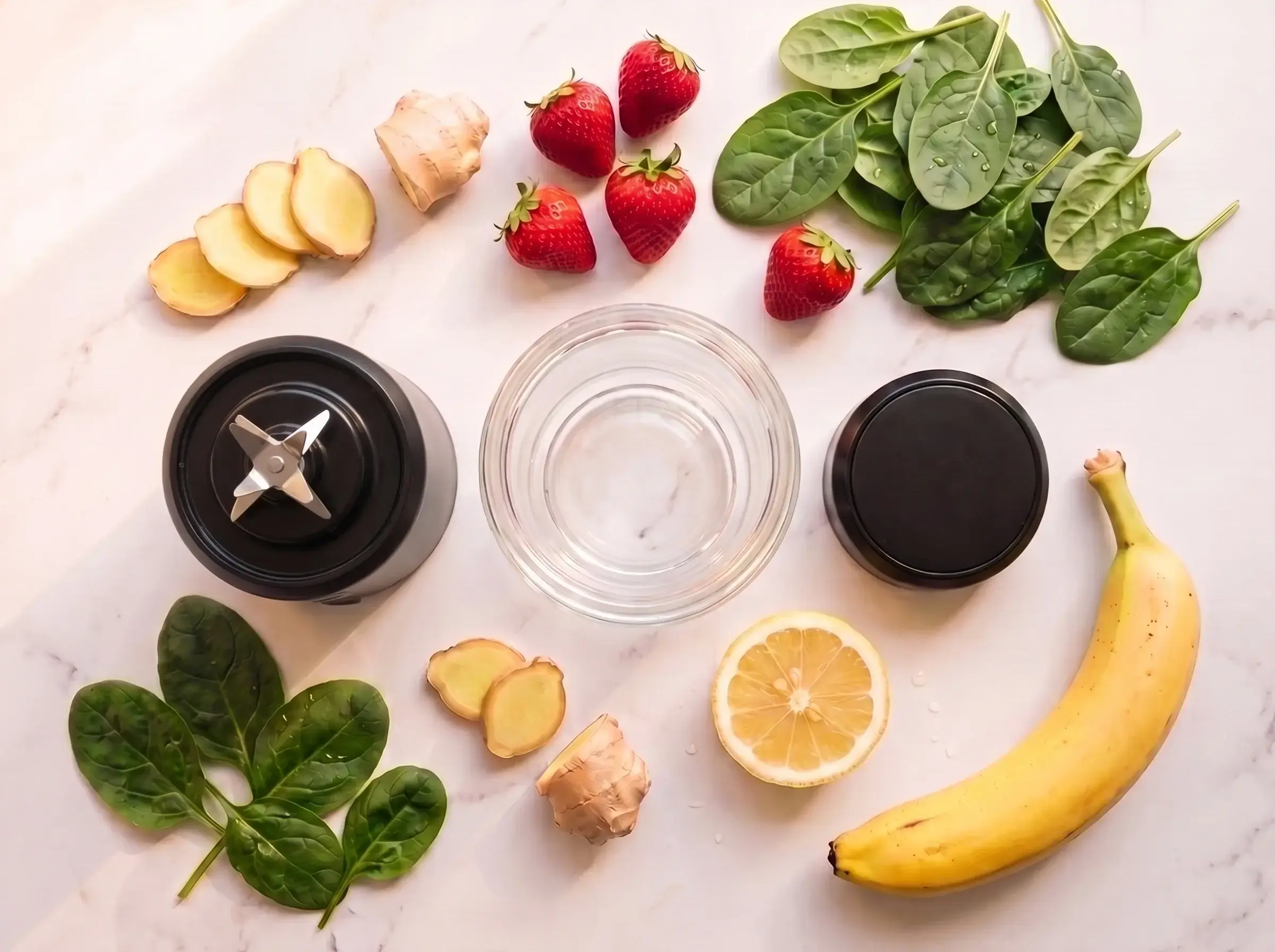 ECOMIXX ALL BLACK entouré de fruits et d'ingrédients frais pour smoothie