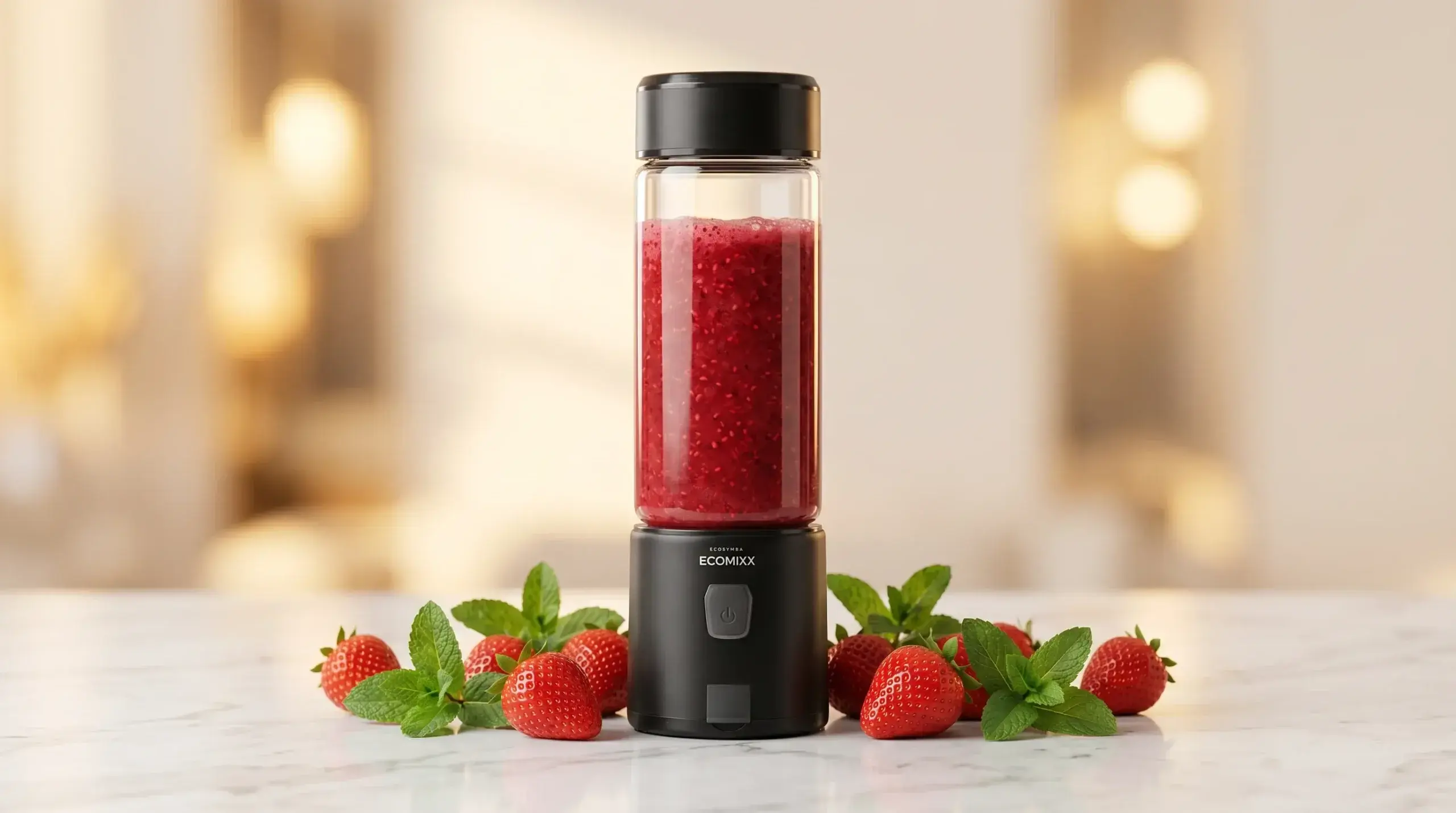 ECOMIXX ALL BLACK rempli d'un smoothie rouge aux fruits