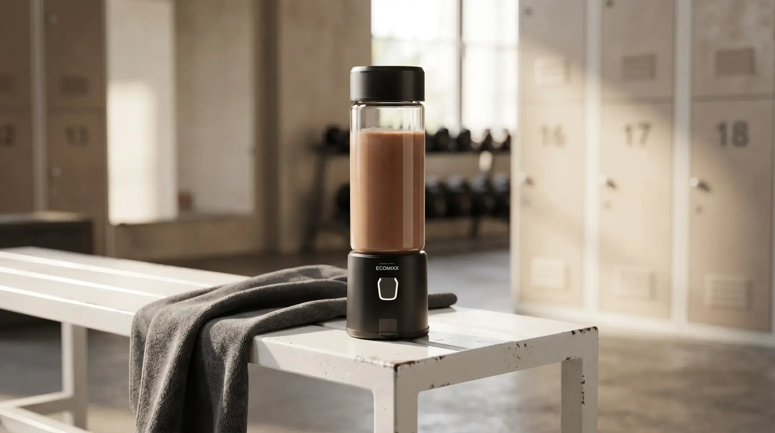 ECOMIXX ALL BLACK avec un shake protéiné après une séance de sport